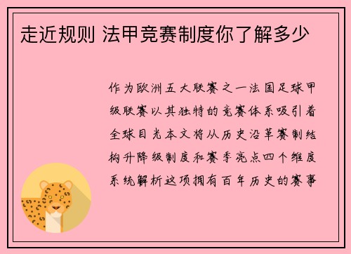 走近规则 法甲竞赛制度你了解多少