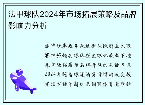 法甲球队2024年市场拓展策略及品牌影响力分析