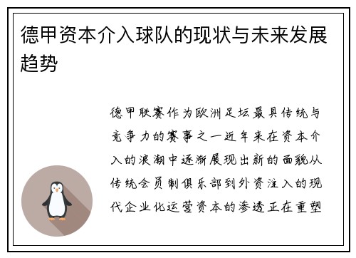 德甲资本介入球队的现状与未来发展趋势